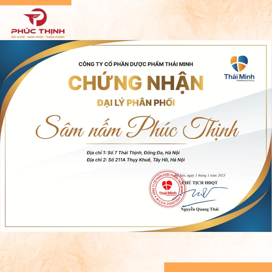 Chứng nhận đại lý Thái Minh của sâm nấm Phúc Thịnh