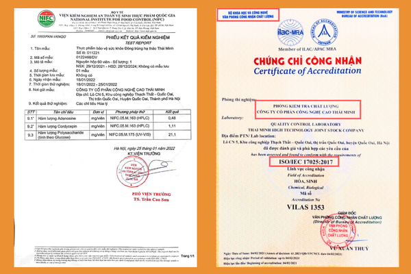 Chứng nhận chất lượng đông trùng hạ thảo Thái Minh