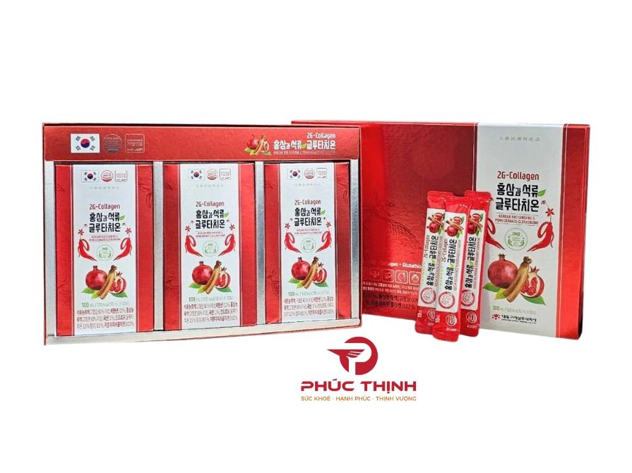Hình ảnh sản phẩm nước hồng sâm collagen lựu đỏ Hàn Quốc 2G-Glutathione Daedong hộp 30 gói